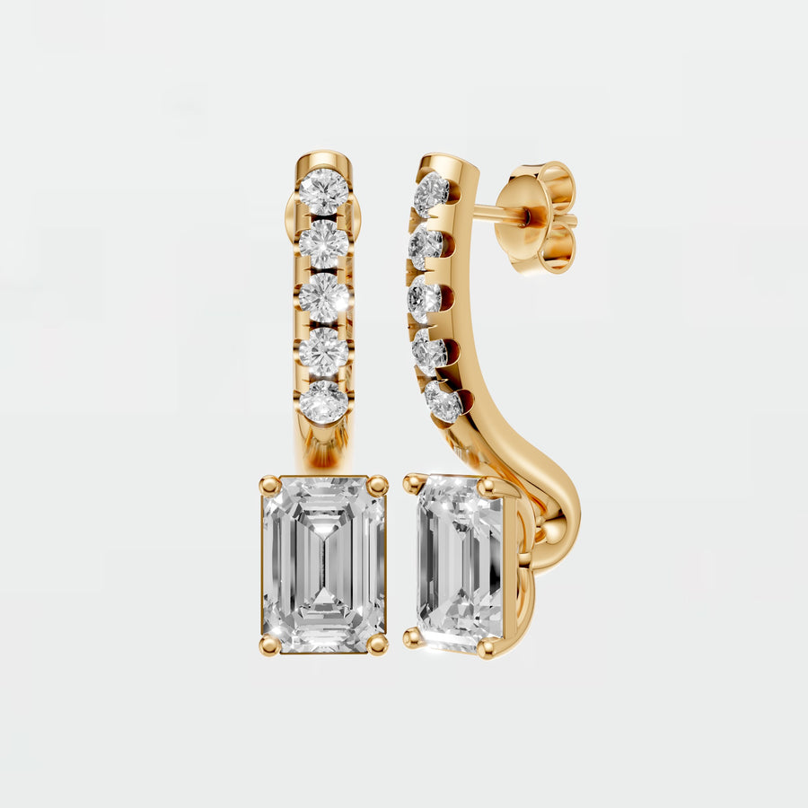 Emerald Cut Diamond Drop Hoop Earrings with Round Diamond Detailing