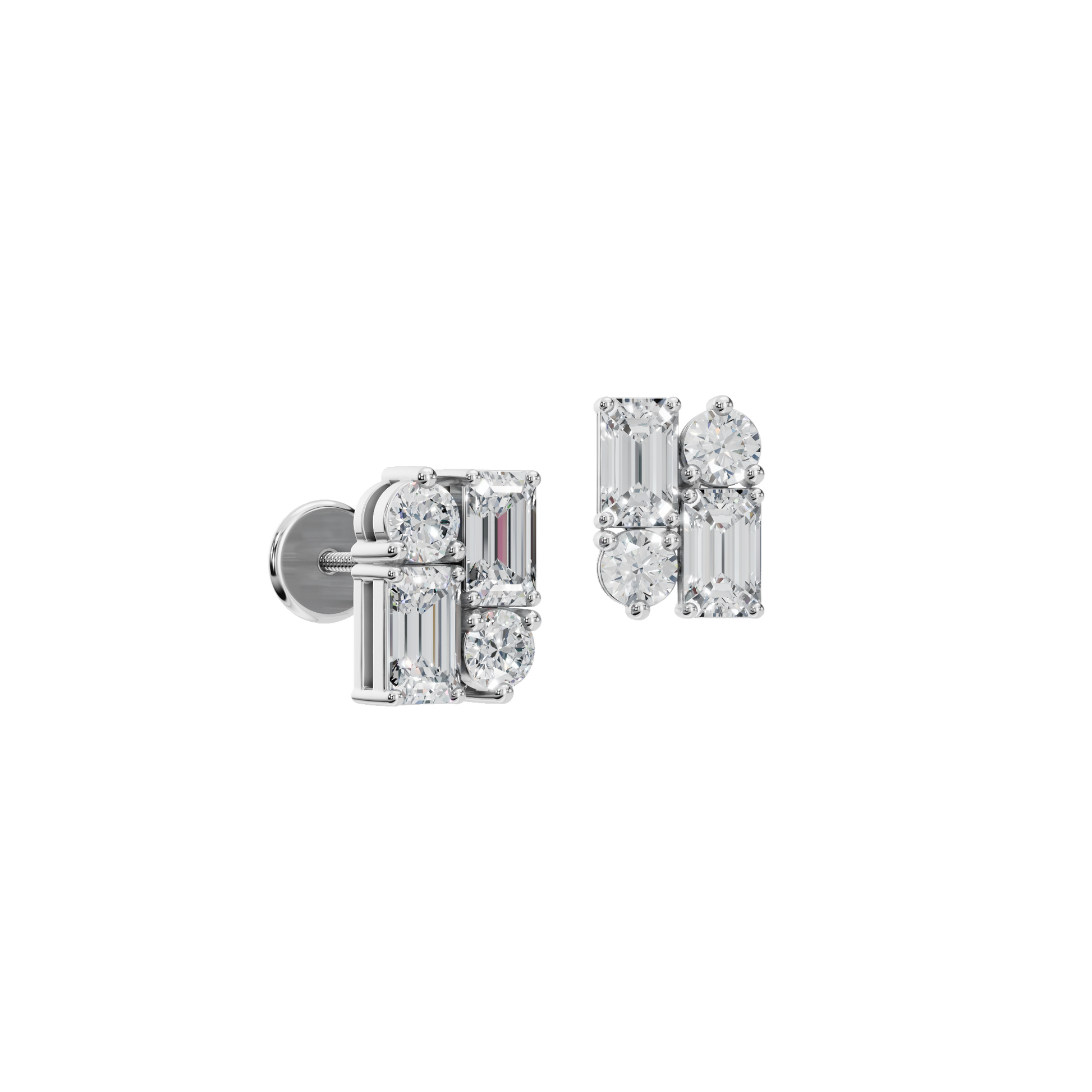 Modern Facet Emerald & Round Lab Grown Diamond Stud Earrings