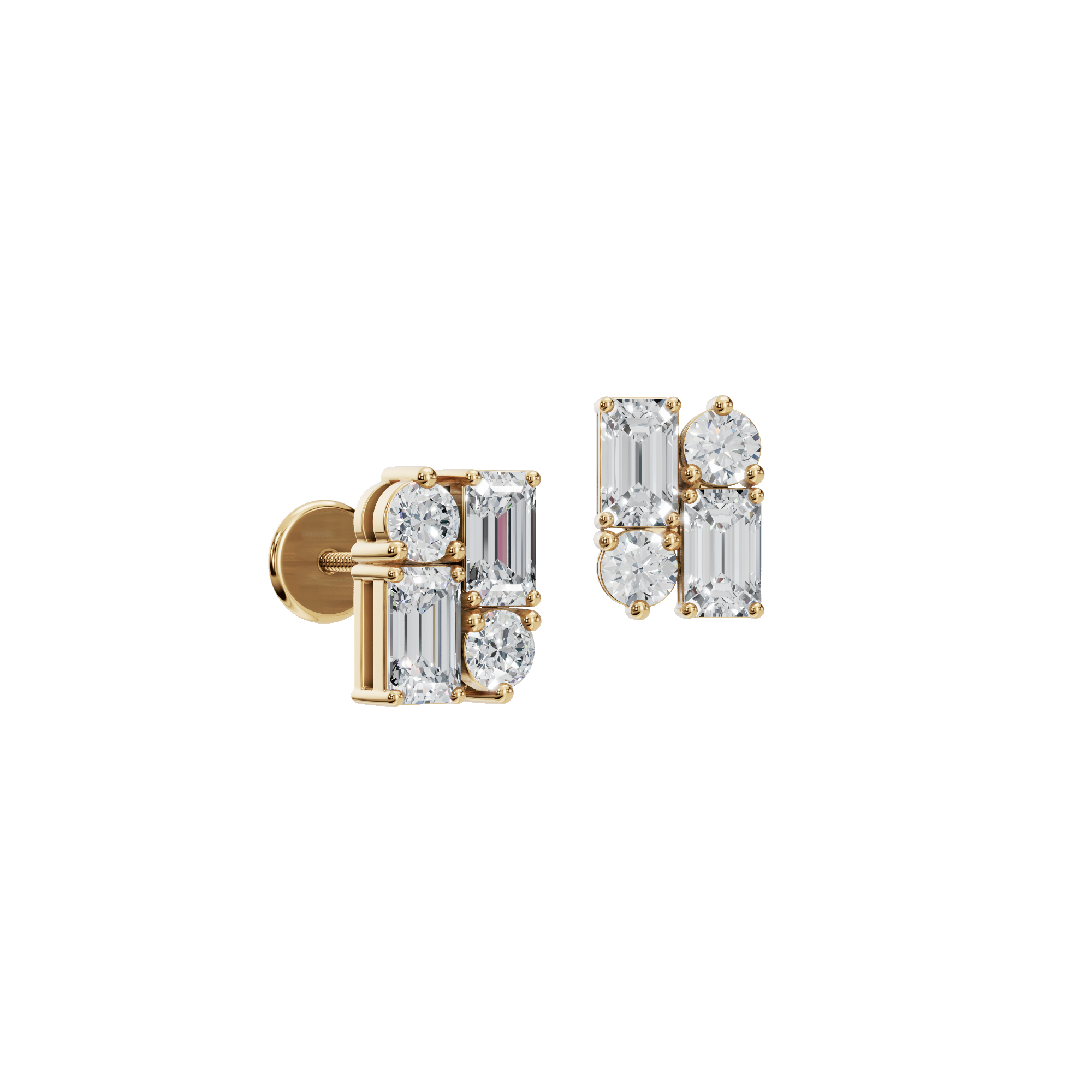 Modern Facet Emerald & Round Lab Grown Diamond Stud Earrings