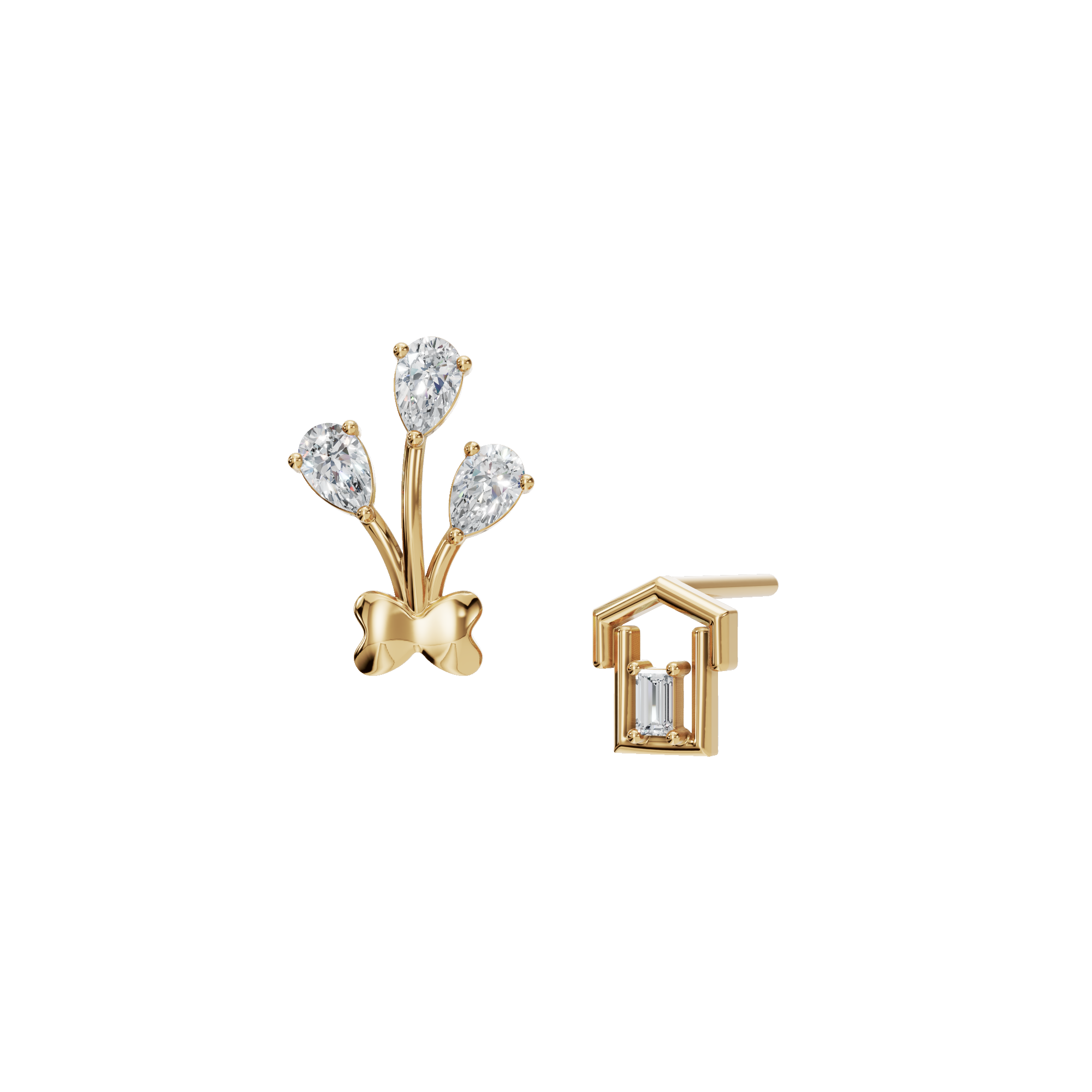 0.59 CTW Pear & Baguette Diamond Asymmetrical Earrings