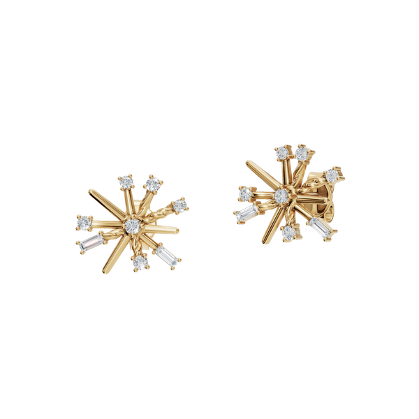 0.32 CTW Round & Baguette Lab Grown Diamond Starburst Stud Earrings | Celestial Gold Earrings