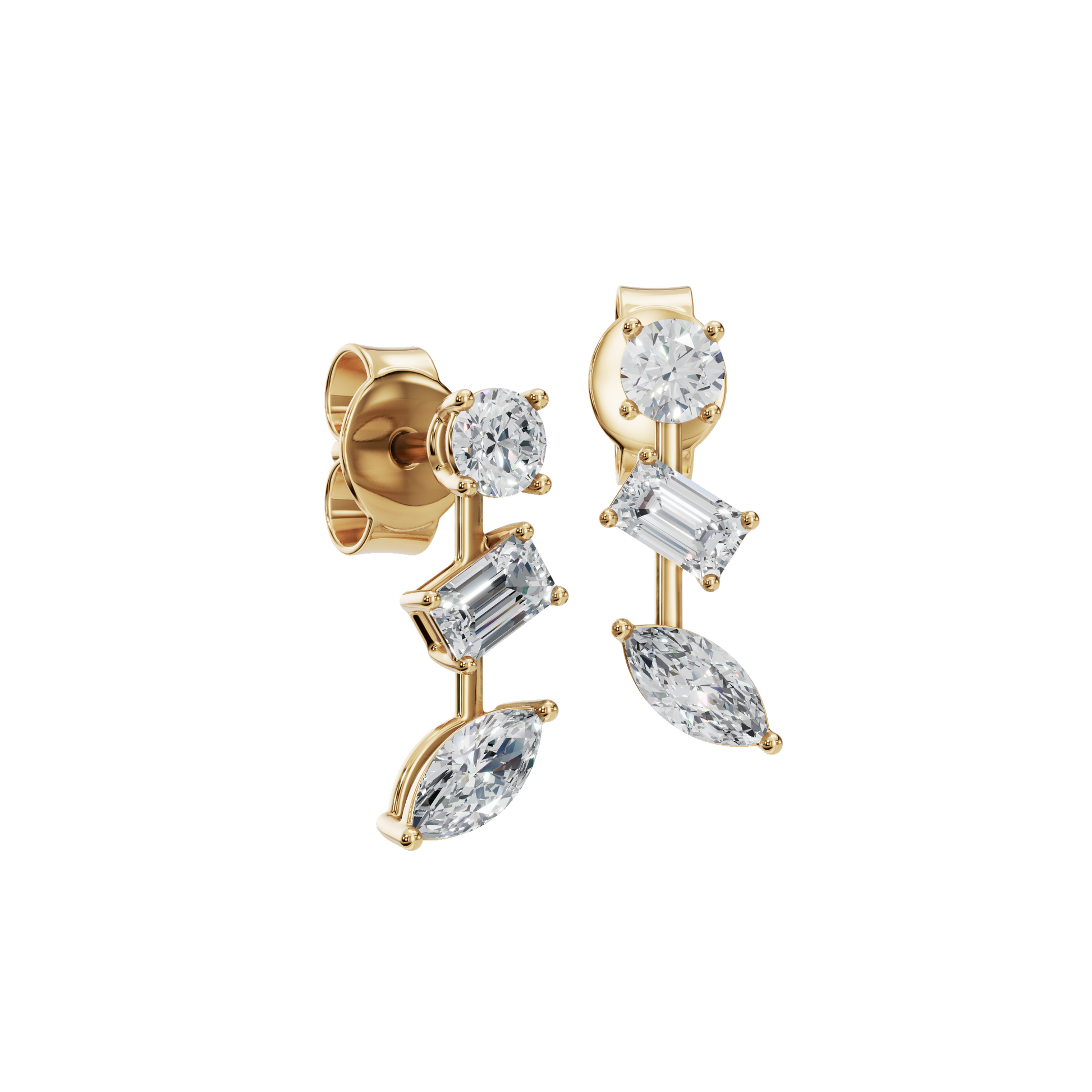 1.56 CTW Multi-Shape Diamond Drop Stud Earrings in 14K Yellow Gold