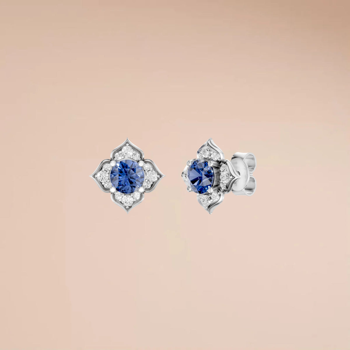 Vintage Inspired Blue Diamond Floral Stud Earrings
