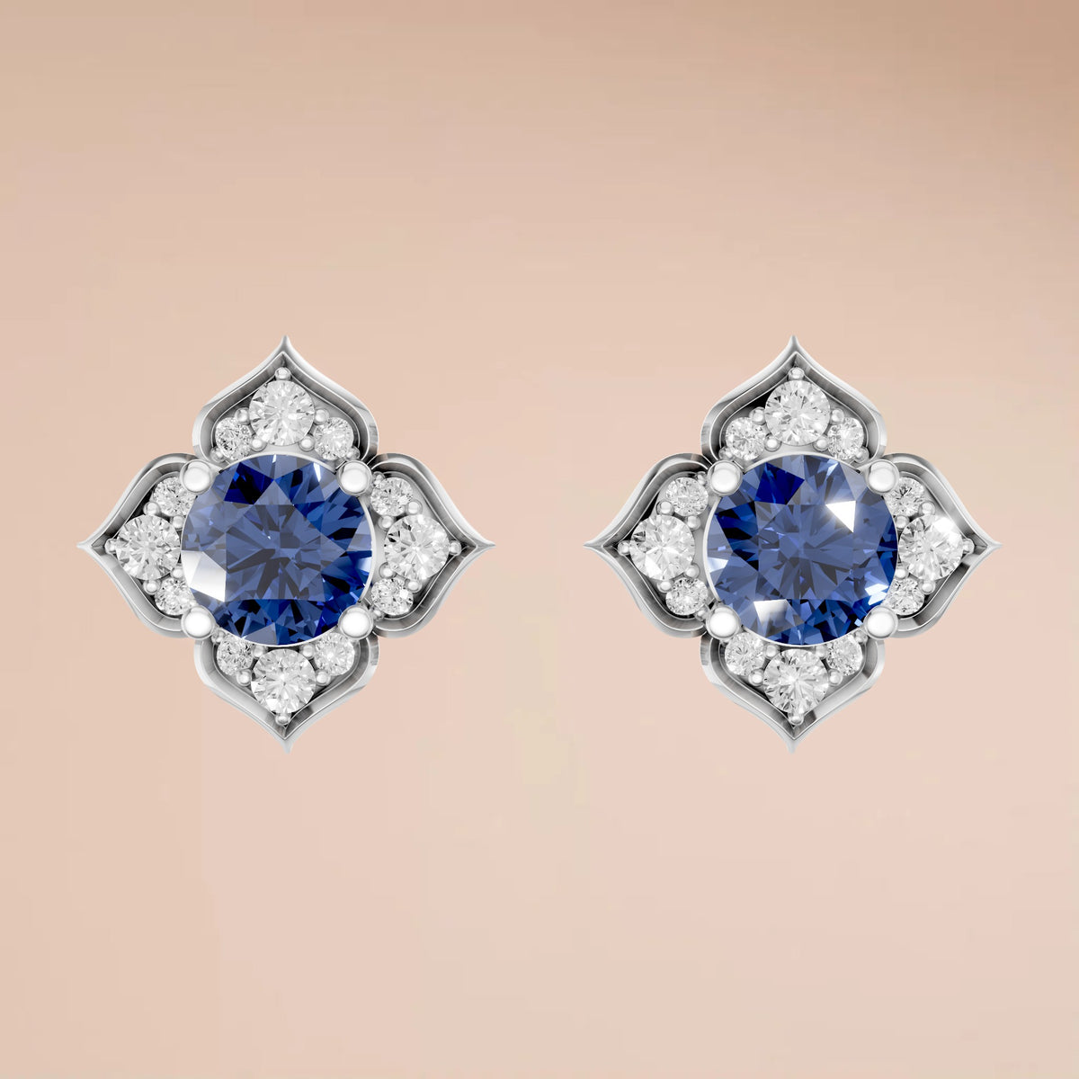 Vintage Inspired Blue Diamond Floral Stud Earrings