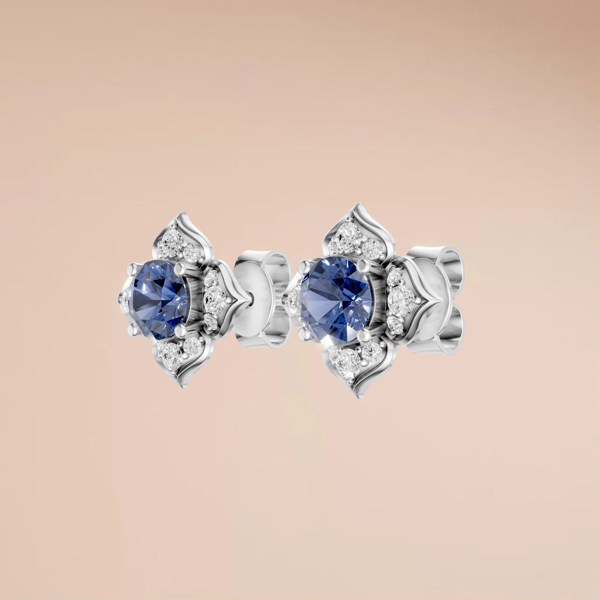 Vintage Inspired Blue Diamond Floral Stud Earrings