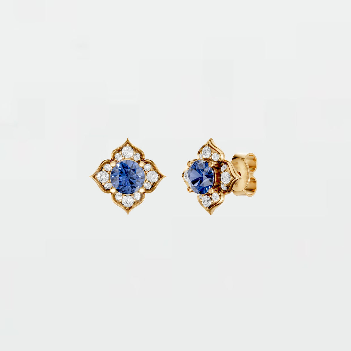Vintage Inspired Blue Diamond Floral Stud Earrings