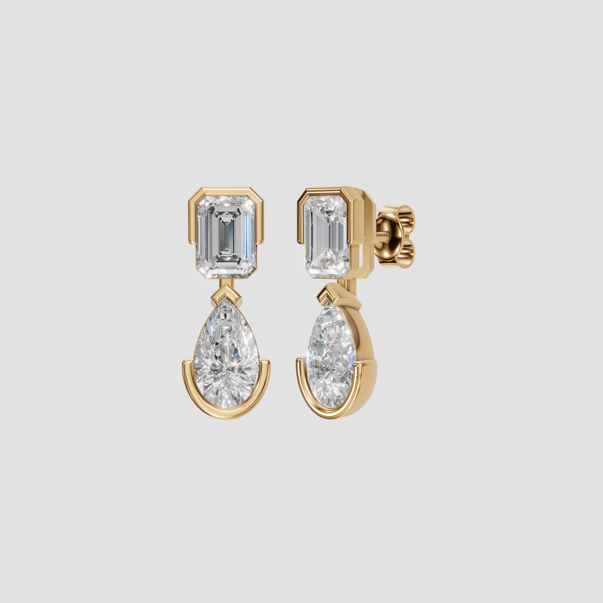 Nova Emerald and Pear Two Stone Diamond Drop Earrings