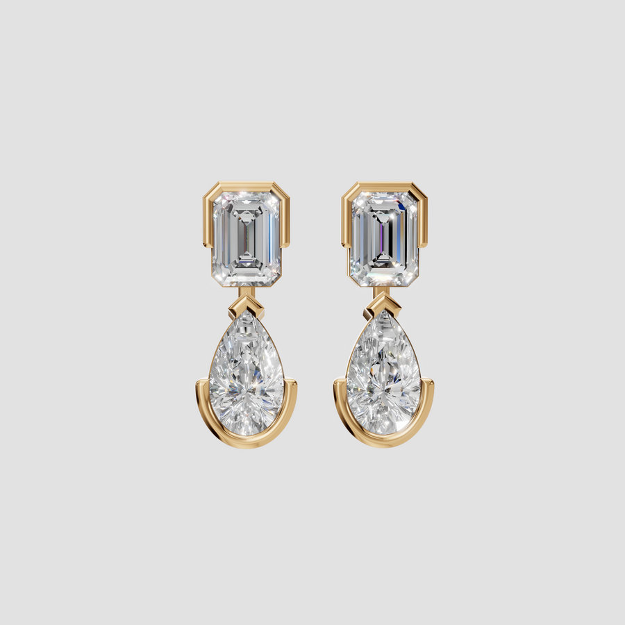 Nova Emerald and Pear Two Stone Diamond Drop Earrings