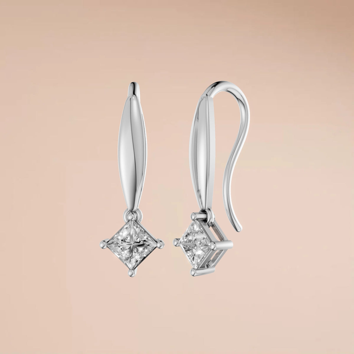 Princess Cut Diamond Double Drop Earrings with Four Prong Design