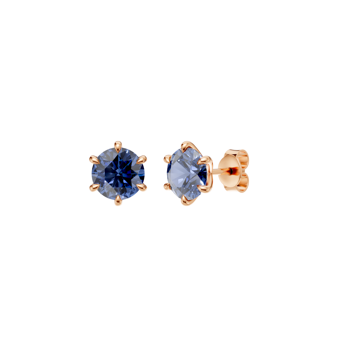 Round Blue  Diamond Six Prong Stud Earrings in 14K Gold