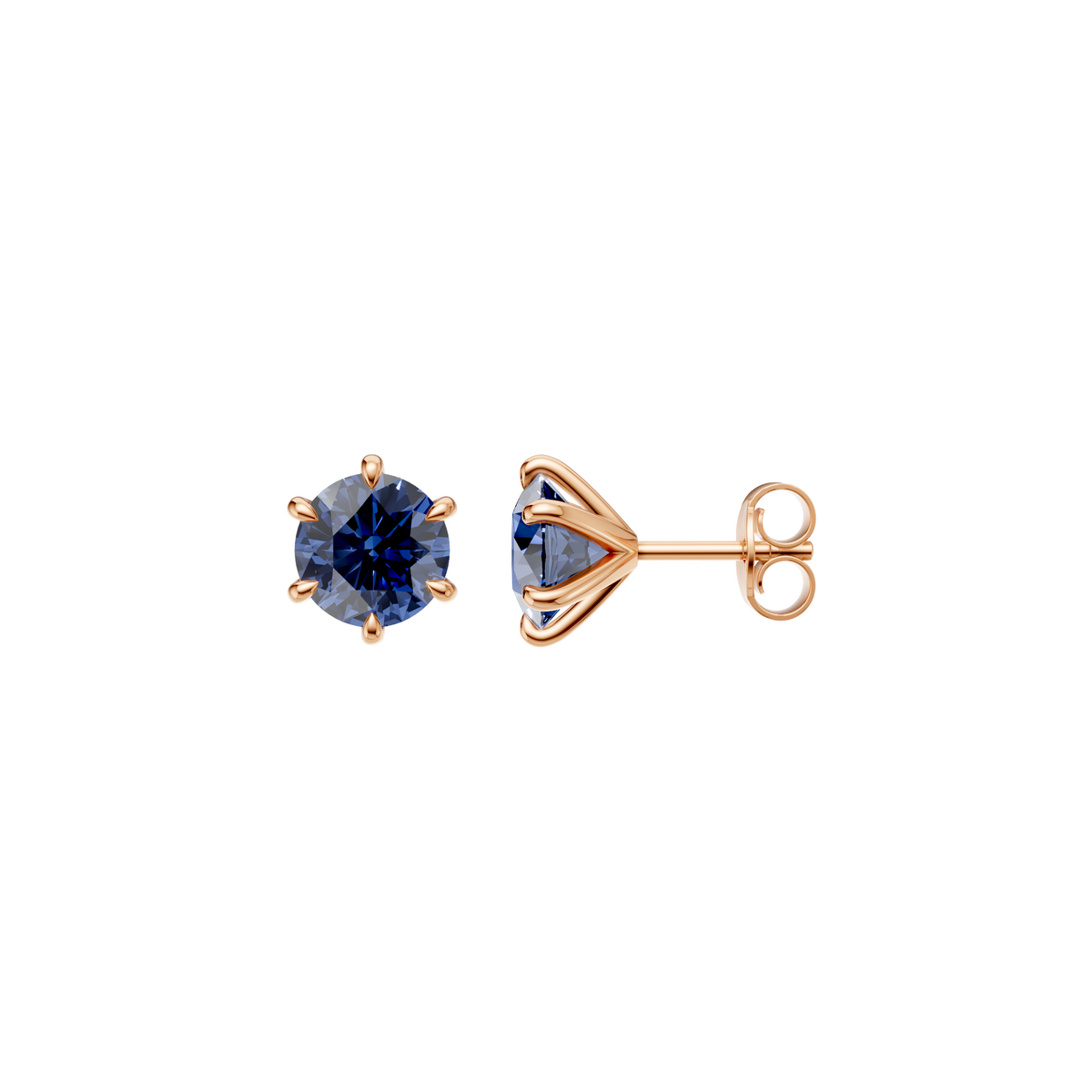 Round Blue  Diamond Six Prong Stud Earrings in 14K Gold