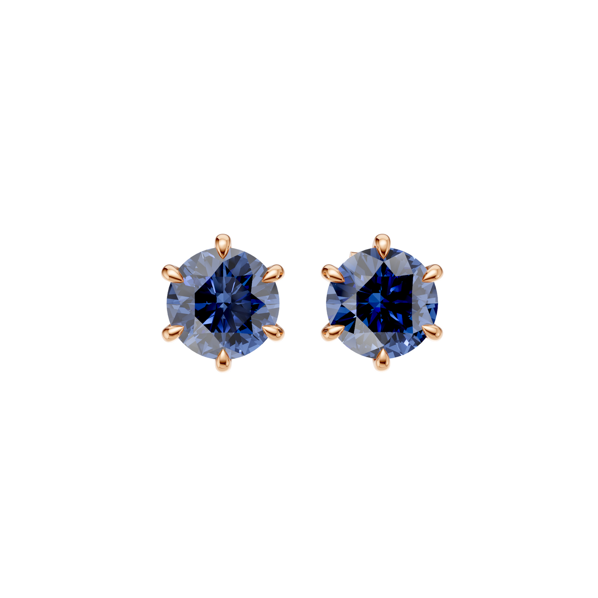 Round Blue  Diamond Six Prong Stud Earrings in 14K Gold