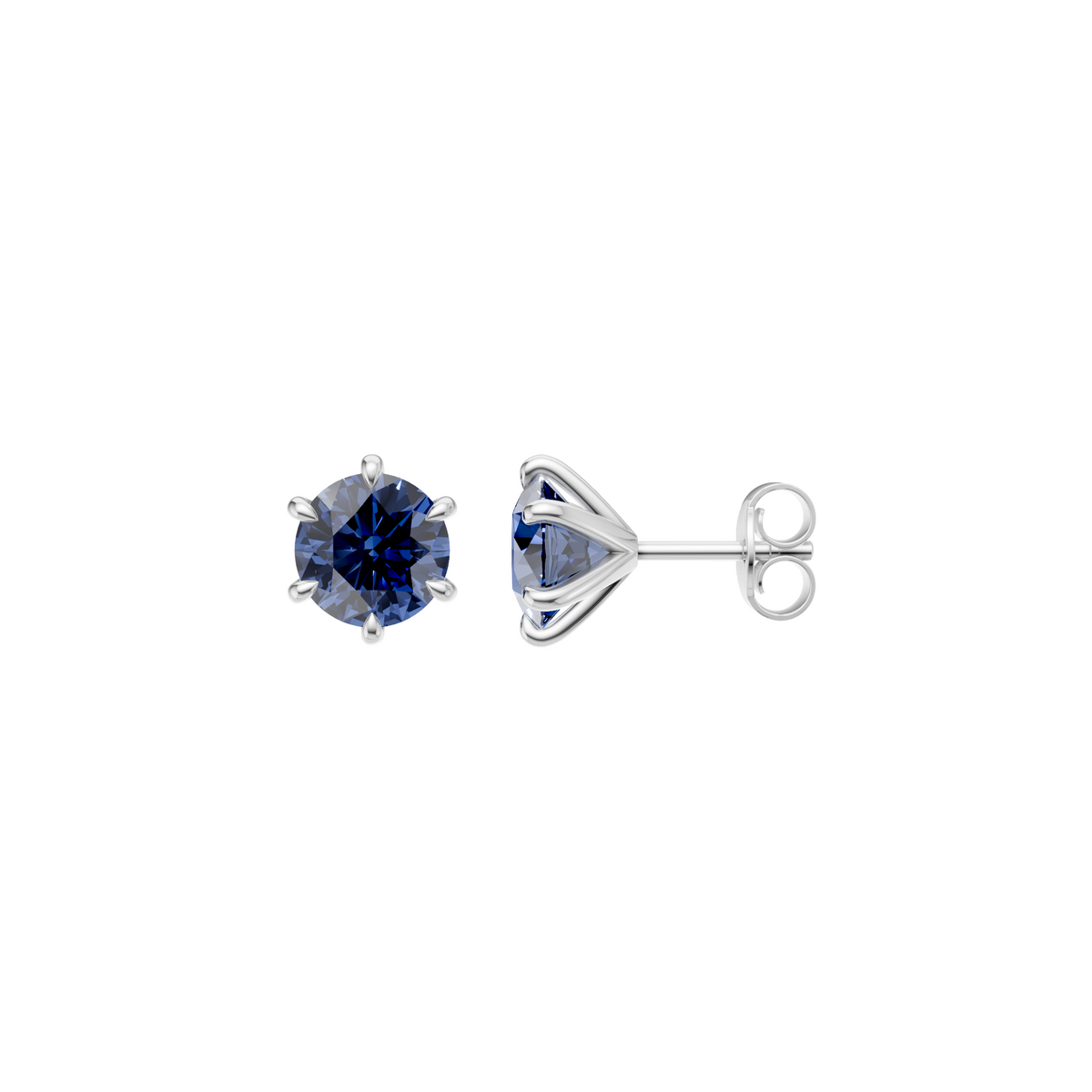 Round Blue  Diamond Six Prong Stud Earrings in 14K Gold
