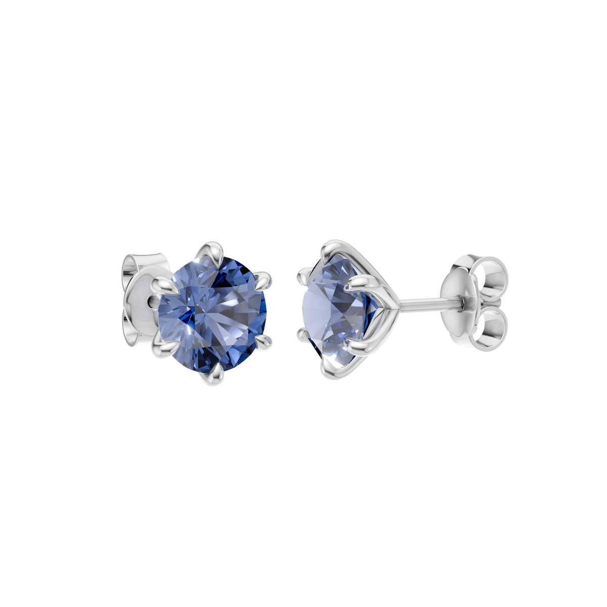 Round Blue  Diamond Six Prong Stud Earrings in 14K Gold