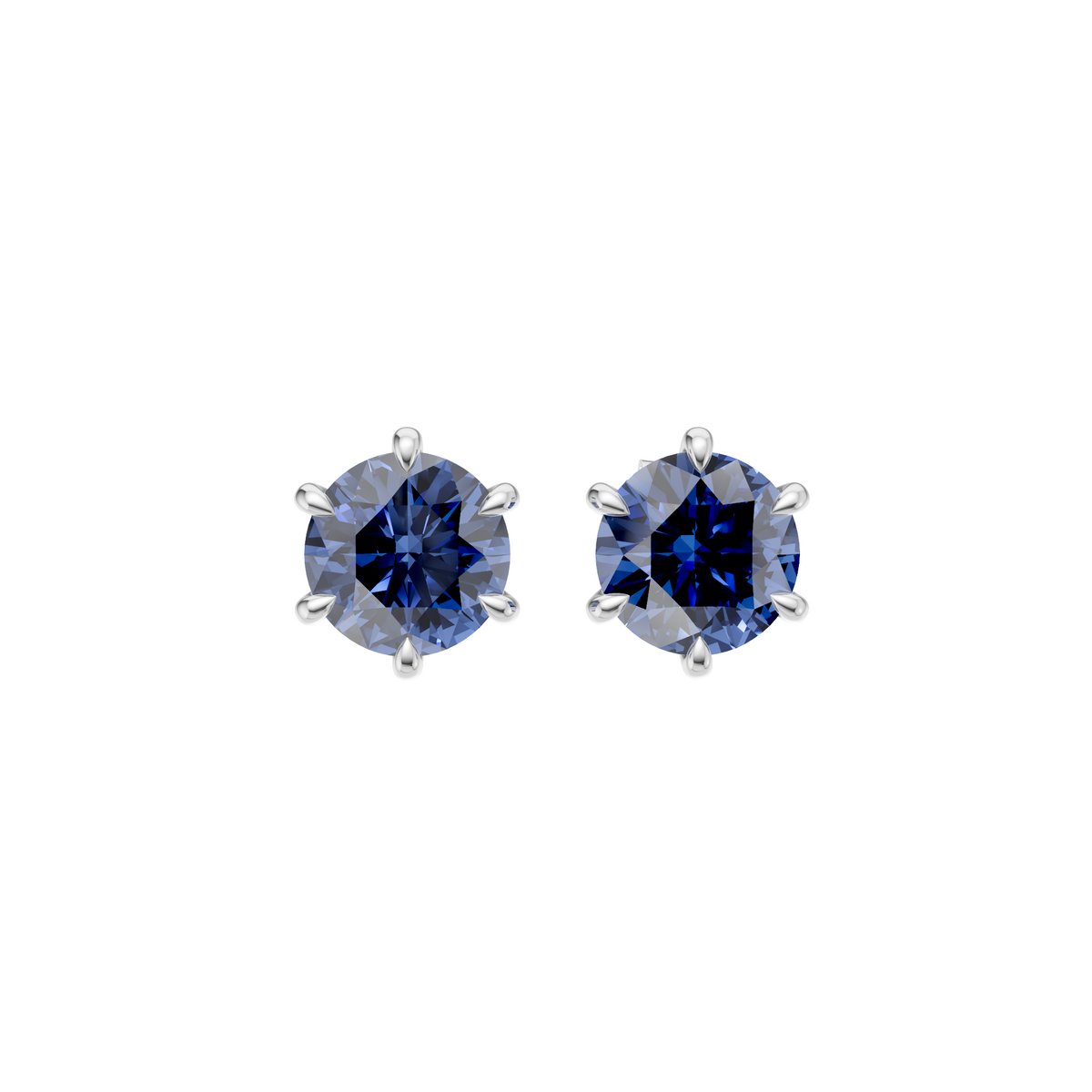 Round Blue  Diamond Six Prong Stud Earrings in 14K Gold