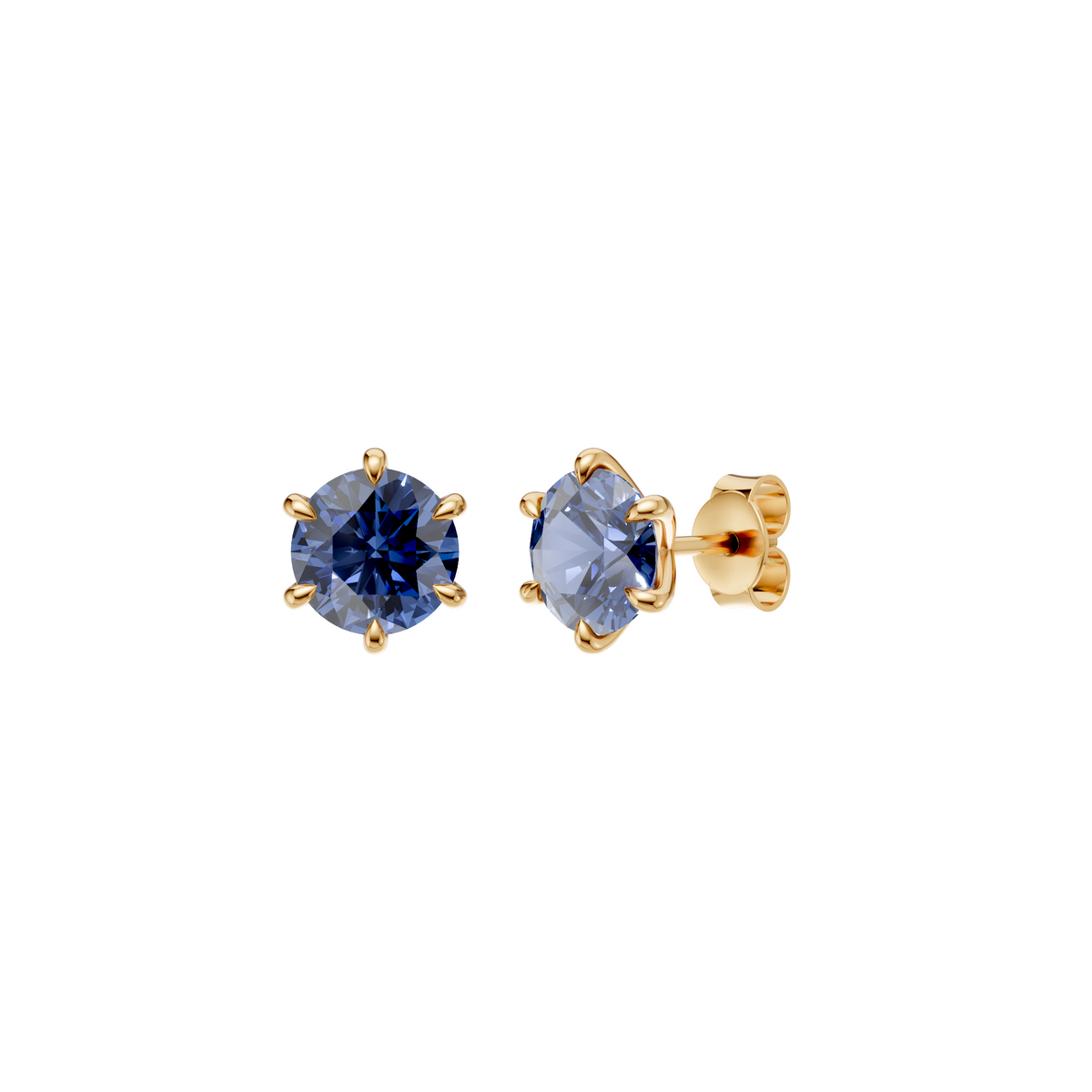 Round Blue  Diamond Six Prong Stud Earrings in 14K Gold