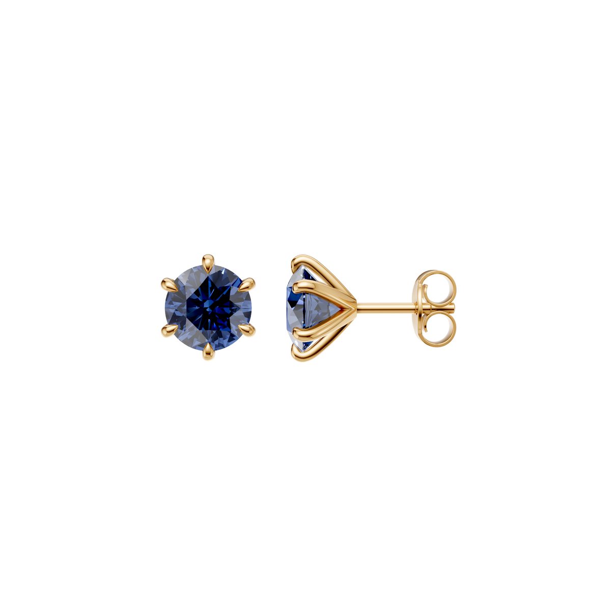 Round Blue  Diamond Six Prong Stud Earrings in 14K Gold