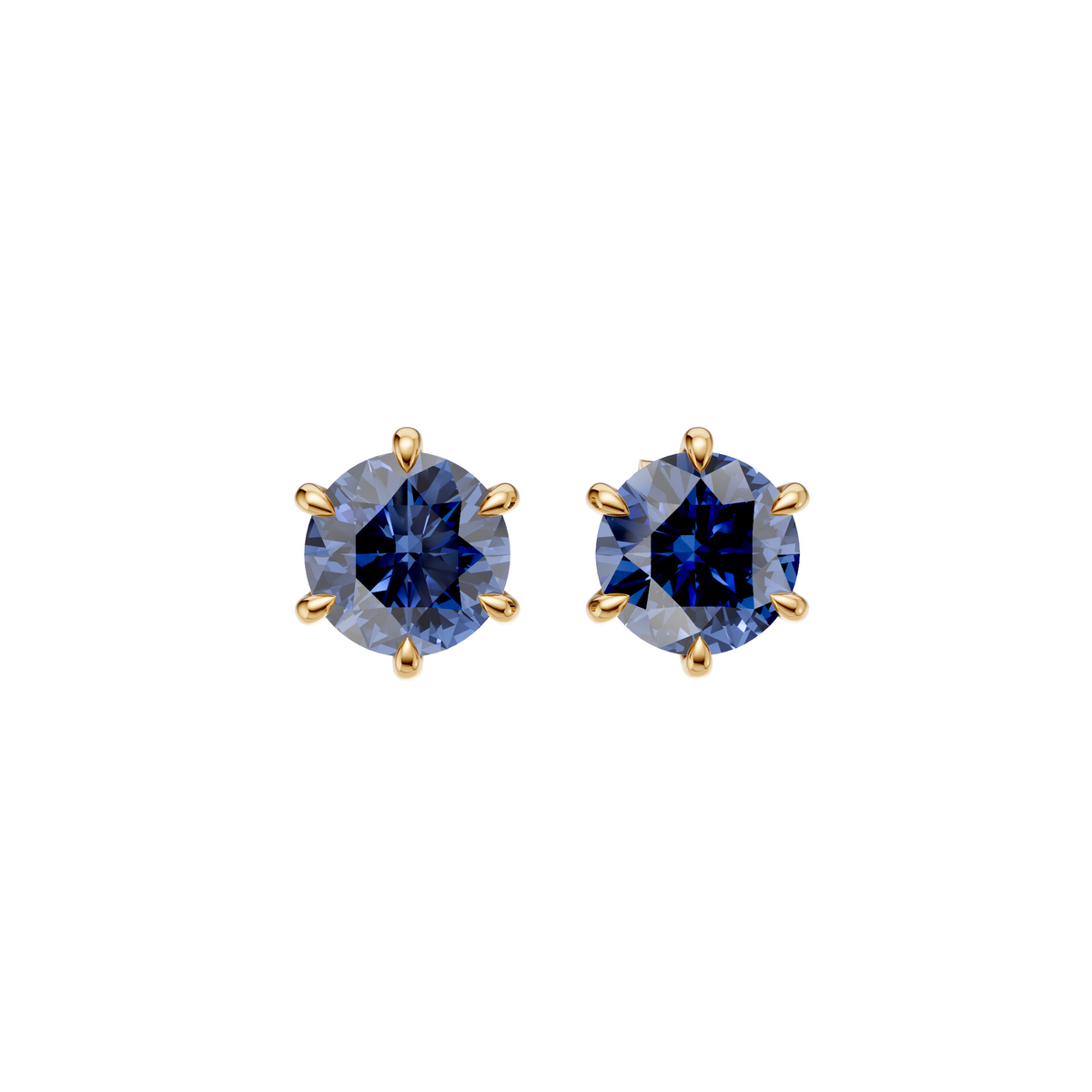 Round Blue  Diamond Six Prong Stud Earrings in 14K Gold