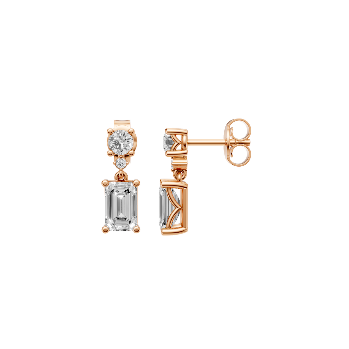 Emerald & Round Cut Drop Earrings in 14K Gold