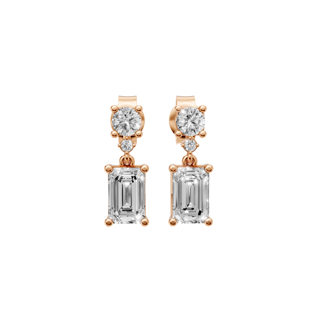 Emerald & Round Cut Drop Earrings in 14K Gold