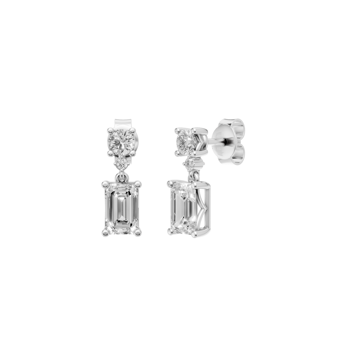 Emerald & Round Cut Drop Earrings in 14K Gold
