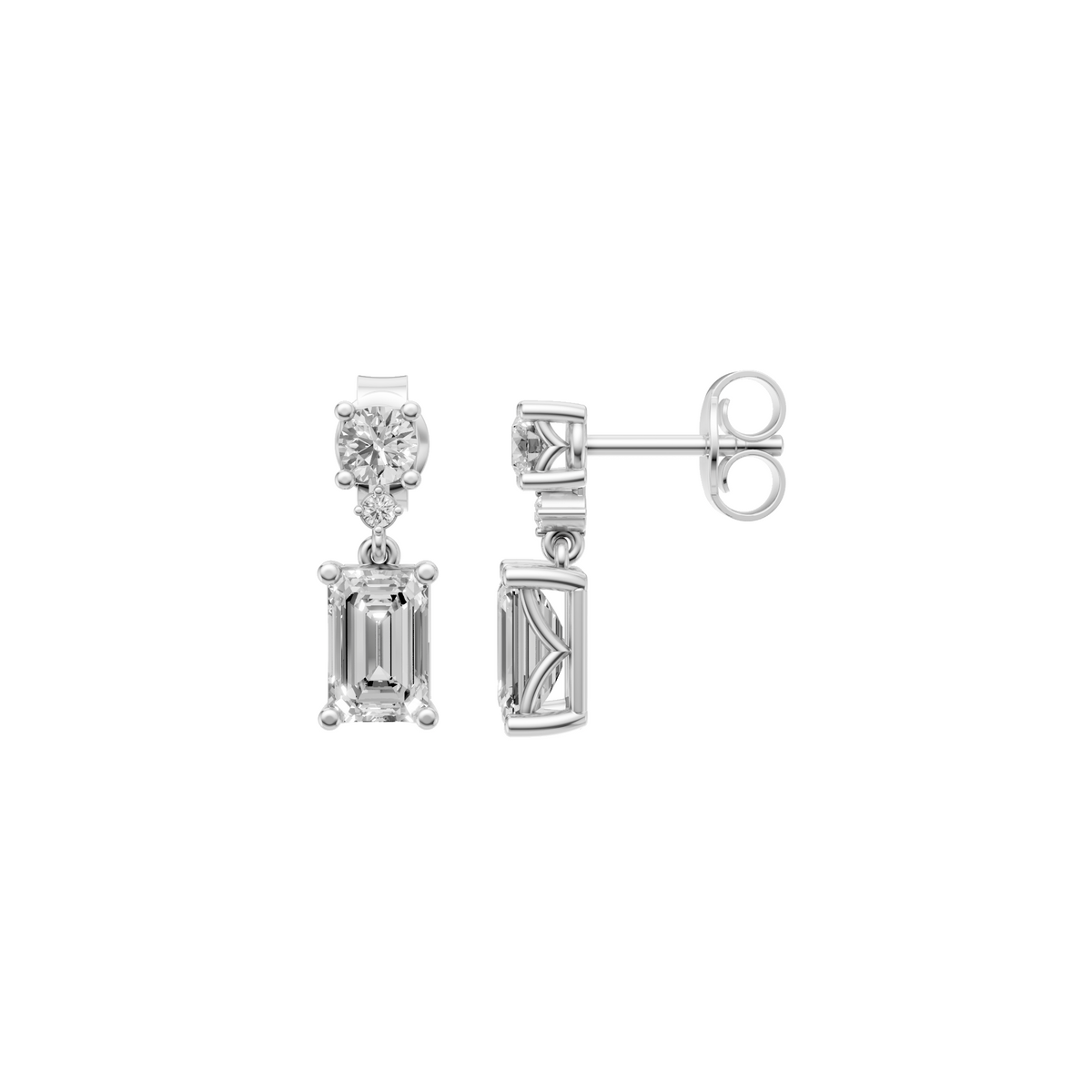 Emerald & Round Cut Drop Earrings in 14K Gold