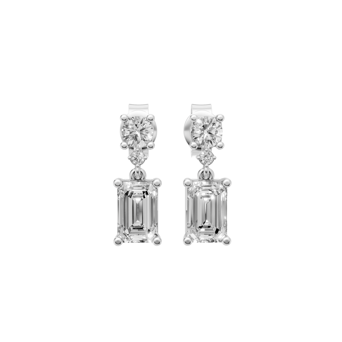 Emerald & Round Cut Drop Earrings in 14K Gold