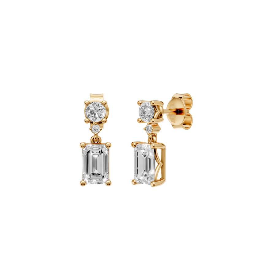Emerald & Round Cut Drop Earrings in 14K Gold