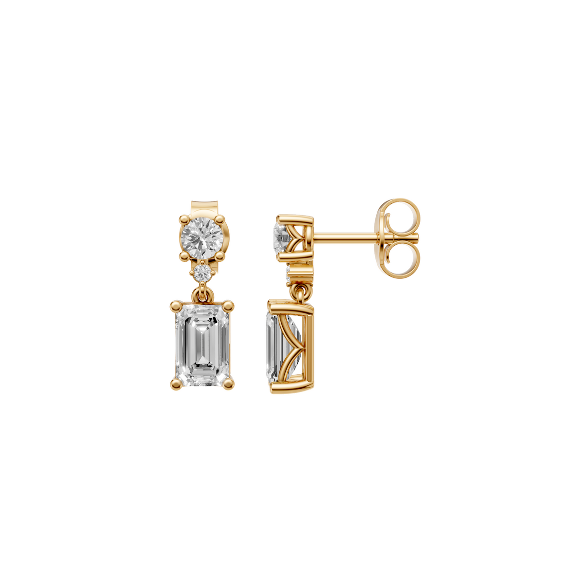 Emerald & Round Cut Drop Earrings in 14K Gold