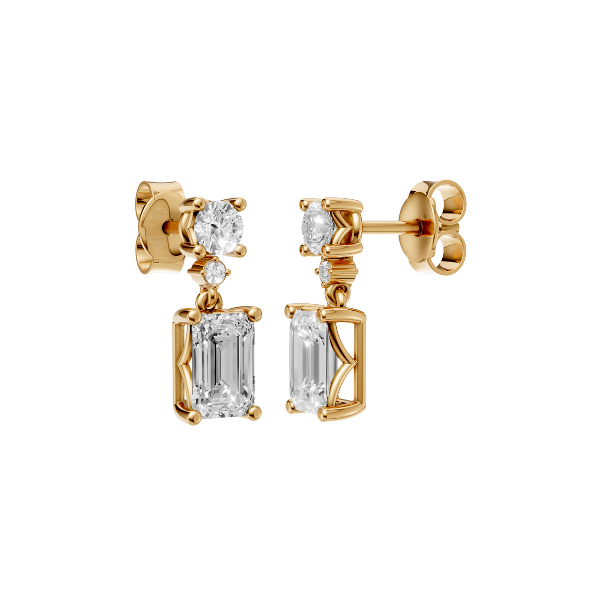 Emerald & Round Cut Drop Earrings in 14K Gold