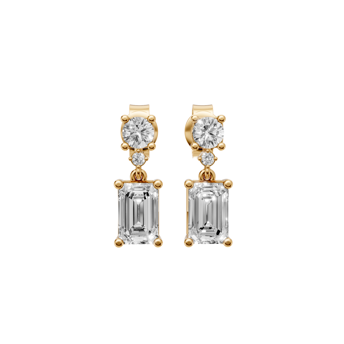 Emerald & Round Cut Drop Earrings in 14K Gold