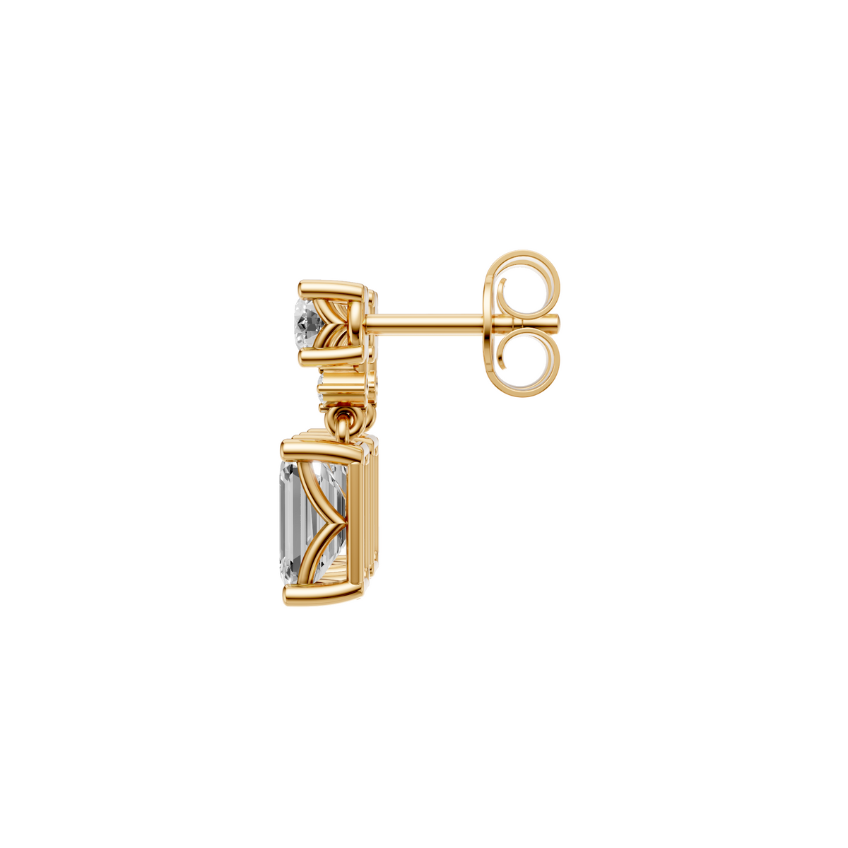 Emerald & Round Cut Drop Earrings in 14K Gold