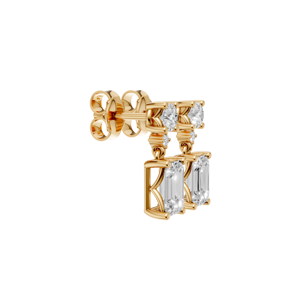 Emerald & Round Cut Drop Earrings in 14K Gold