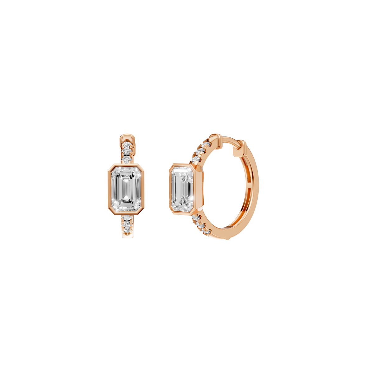 Aura Emerald-Cut Bezel Accent Diamond Huggie Hoop Earrings