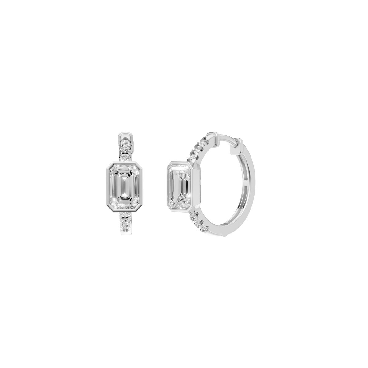 Aura Emerald-Cut Bezel Accent Diamond Huggie Hoop Earrings