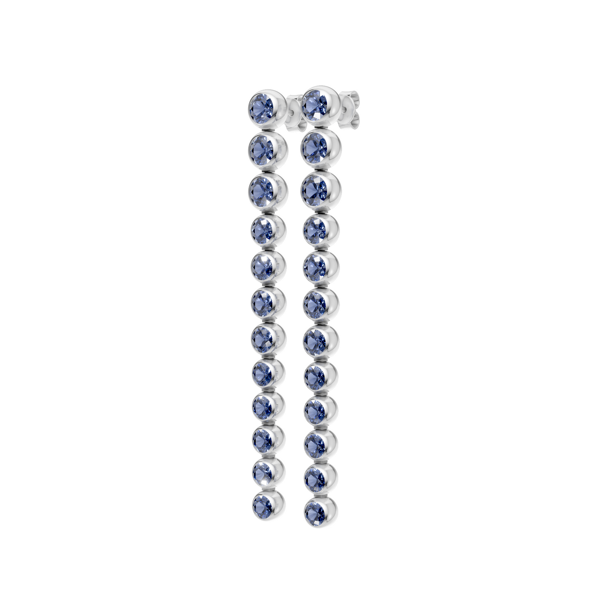 Round Blue Diamond Linear Prong Drop Earrings in Gold