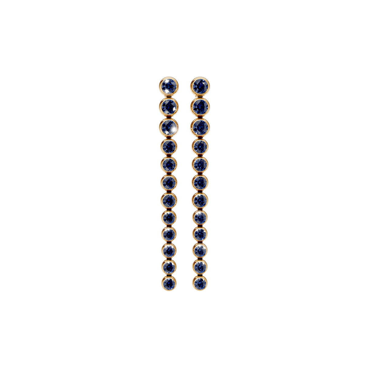 Round Blue Diamond Linear Prong Drop Earrings in Gold