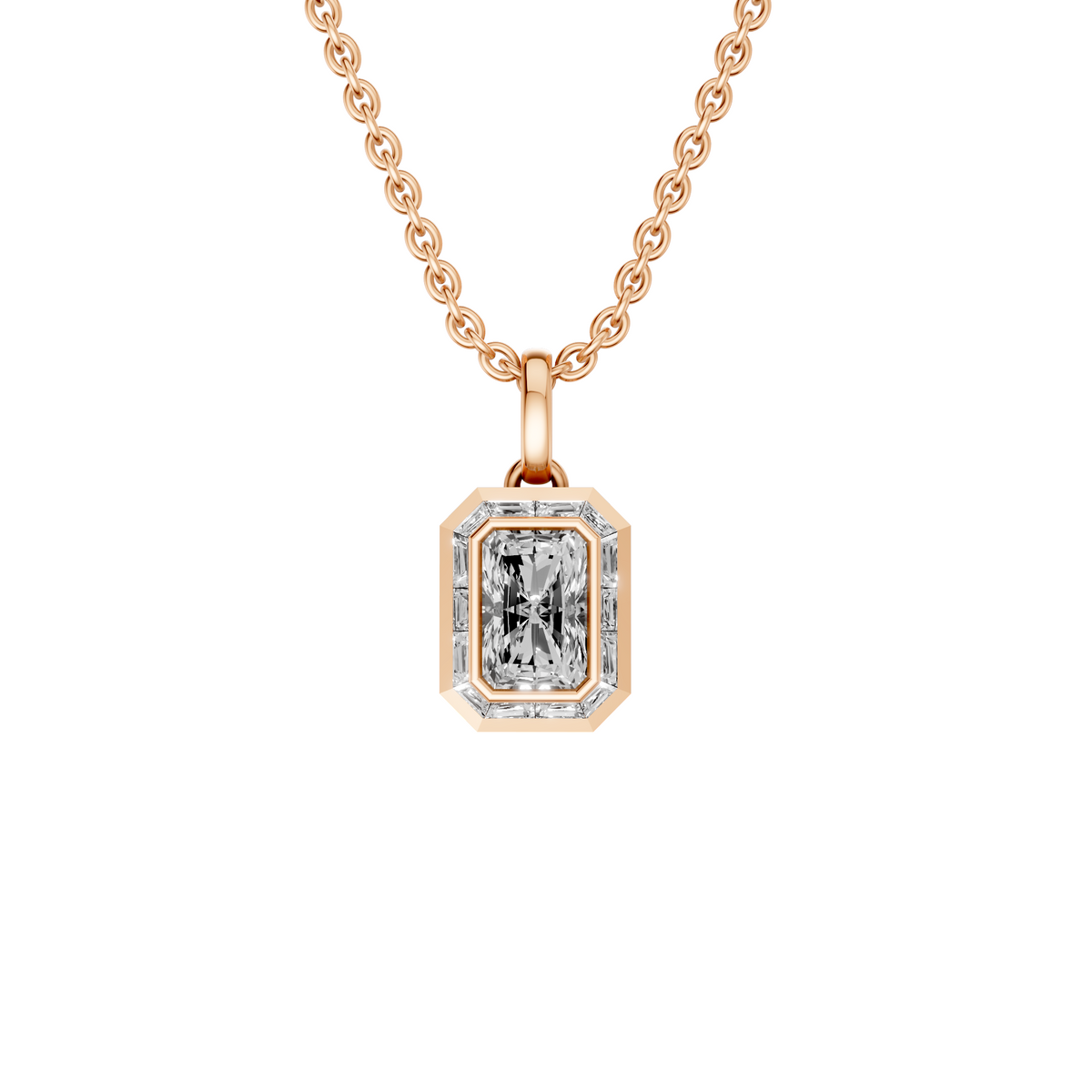 Aria Radiant Cut Bezel Halo Diamond Pendant In 14K Gold