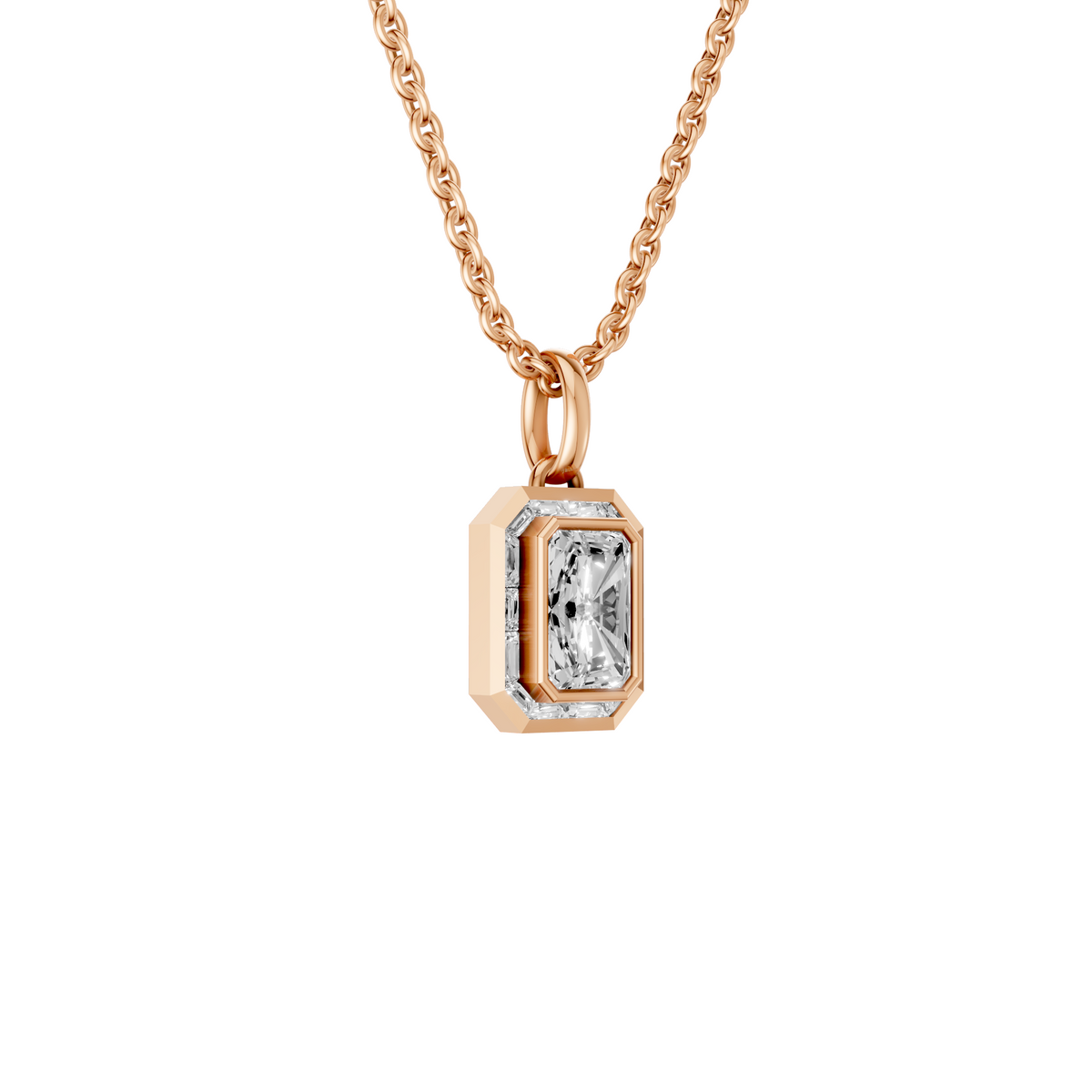 Aria Radiant Cut Bezel Halo Diamond Pendant In 14K Gold