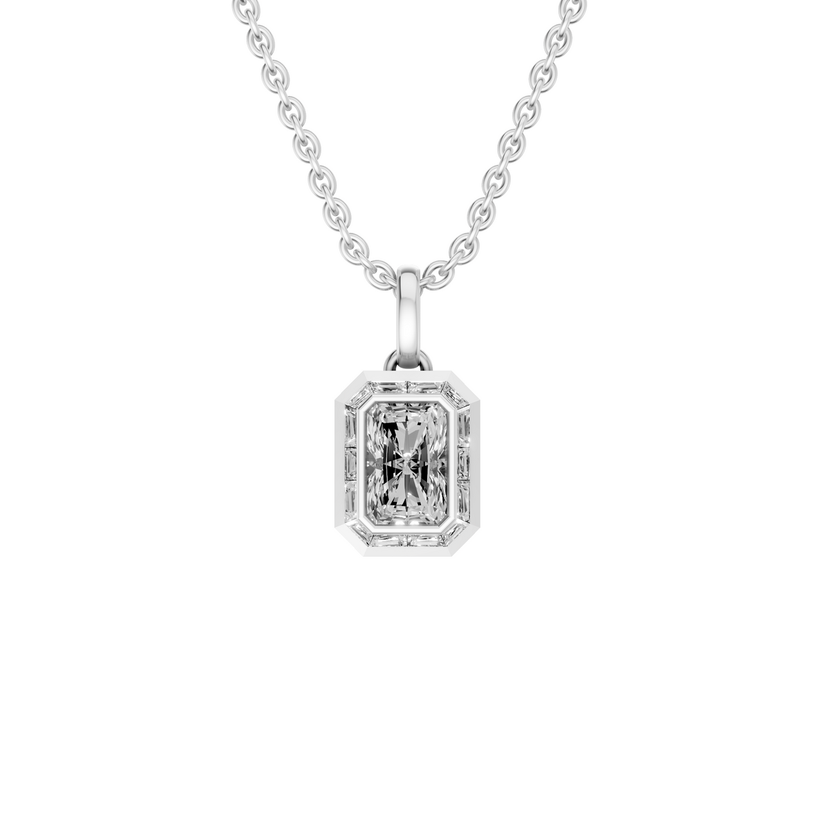 Aria Radiant Cut Bezel Halo Diamond Pendant In 14K Gold