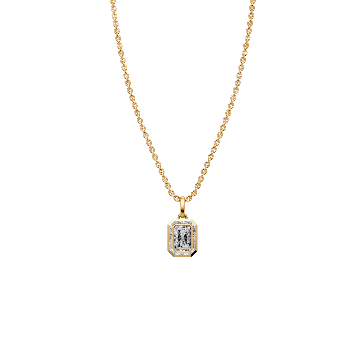 Aria Radiant Cut Bezel Halo Diamond Pendant In 14K Gold