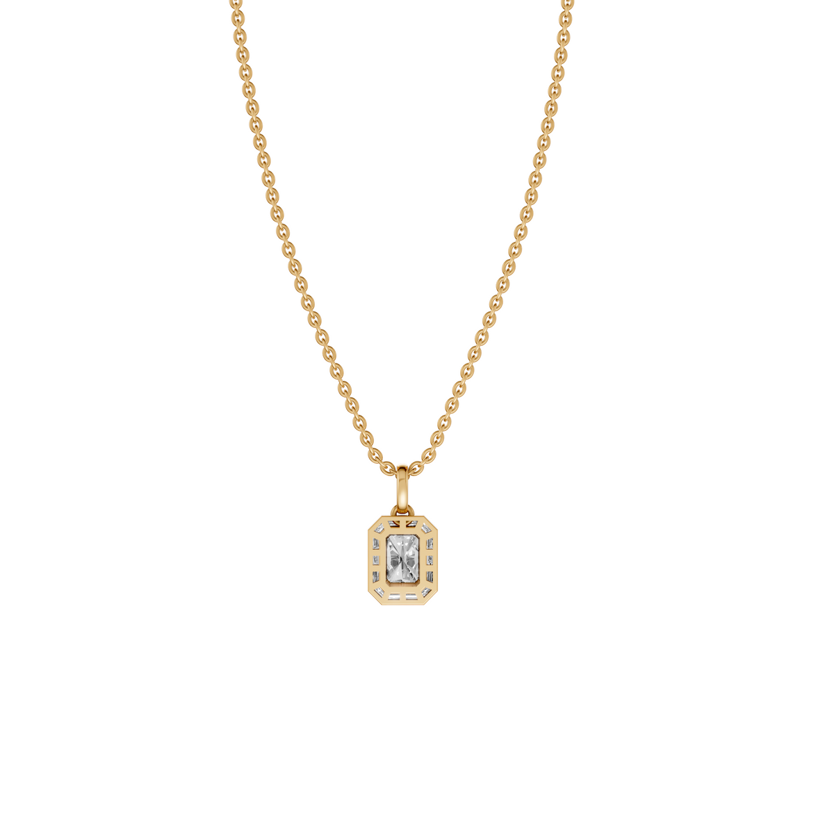 Aria Radiant Cut Bezel Halo Diamond Pendant In 14K Gold