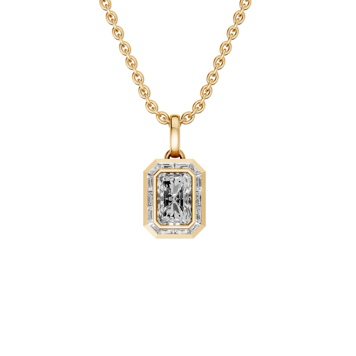 Aria Radiant Cut Bezel Halo Diamond Pendant In 14K Gold