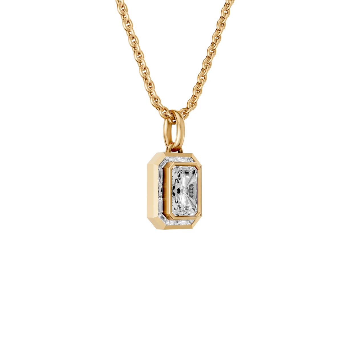 Aria Radiant Cut Bezel Halo Diamond Pendant In 14K Gold