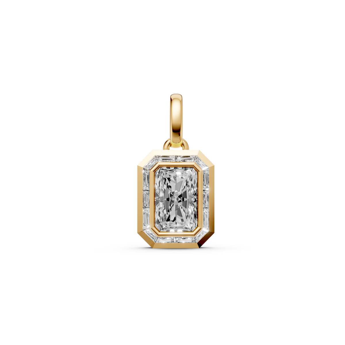 Aria Radiant Cut Bezel Halo Diamond Pendant In 14K Gold