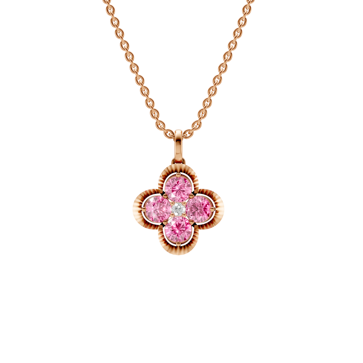 Clover Pink & White Diamond Cluster Pendant in 14K Gold