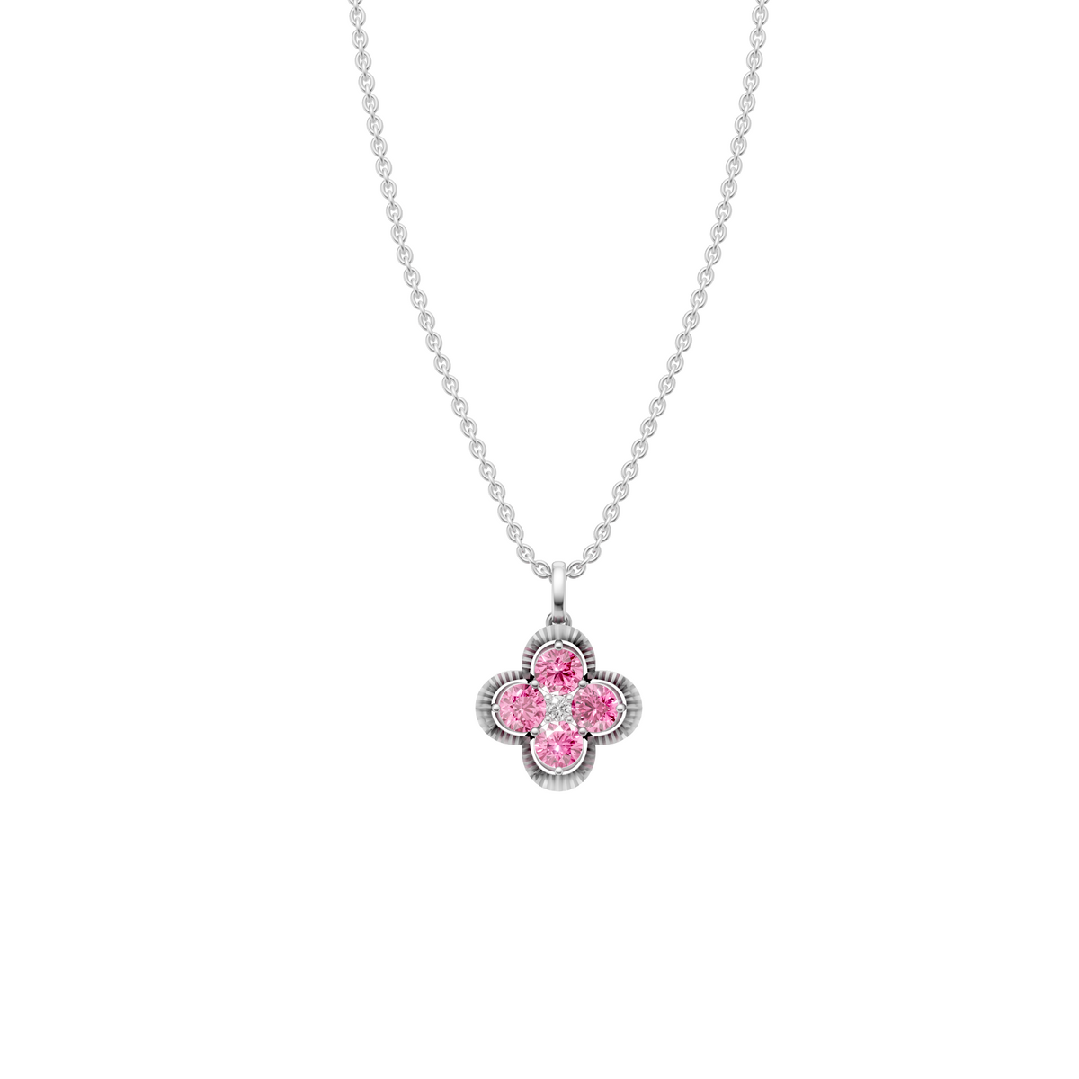 Clover Pink & White Diamond Cluster Pendant in 14K Gold