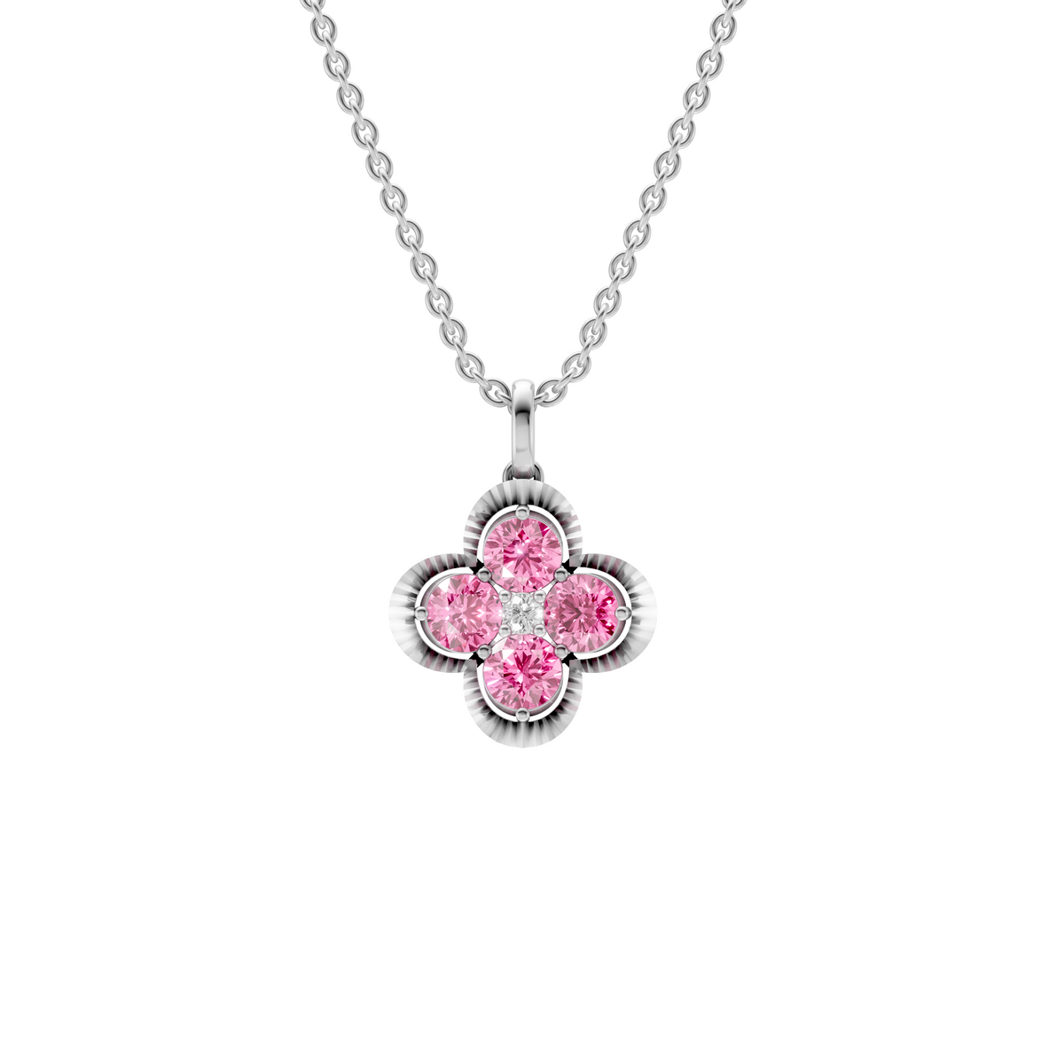 Clover Pink & White Diamond Cluster Pendant in 14K Gold