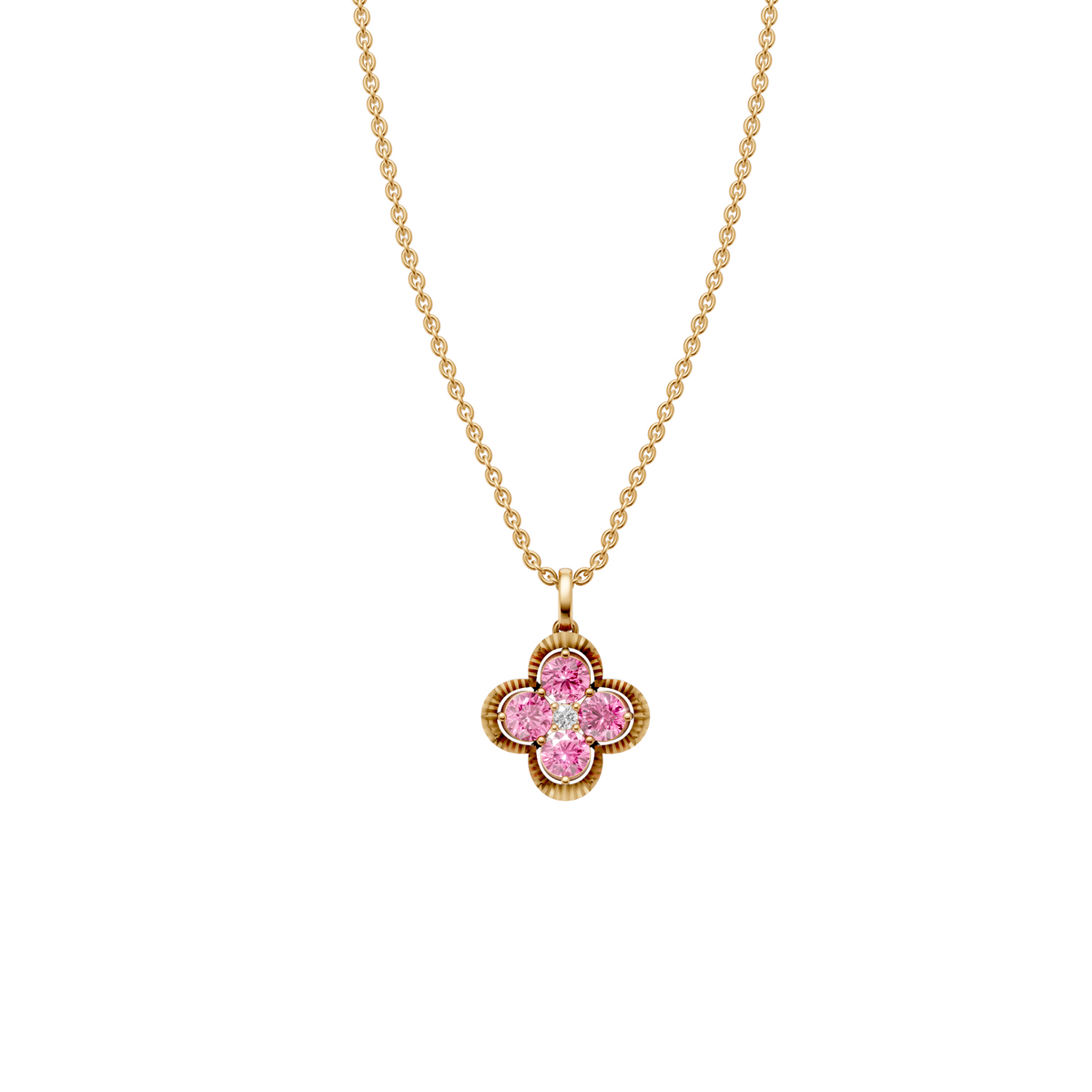 Clover Pink & White Diamond Cluster Pendant in 14K Gold