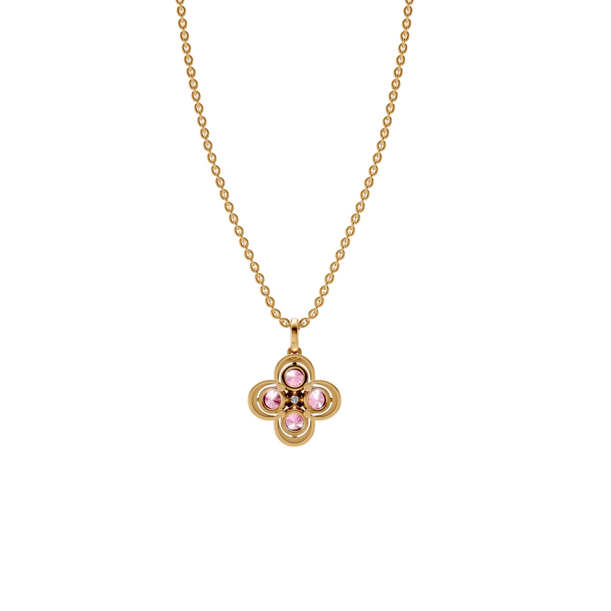 Clover Pink & White Diamond Cluster Pendant in 14K Gold